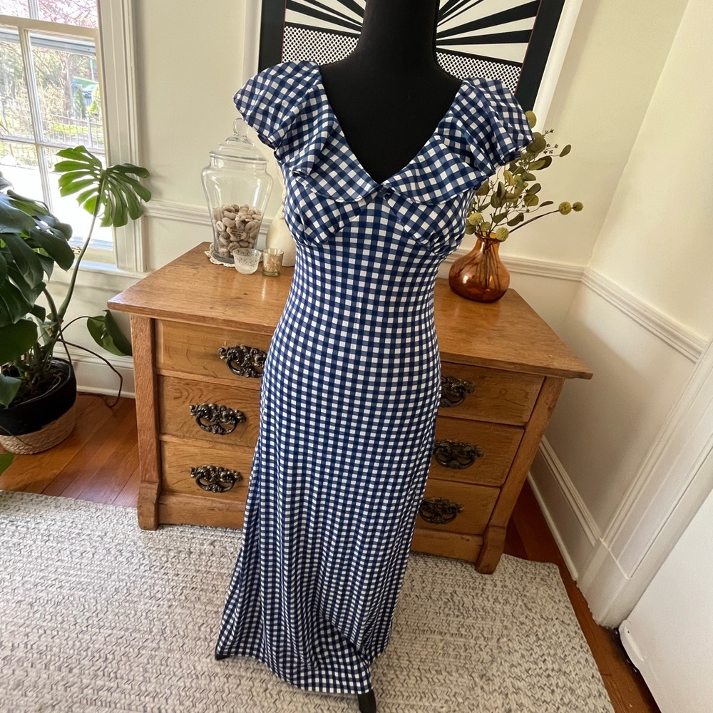 Amazing 1960s Vintage Blue and White Gingham Maxi Dress
